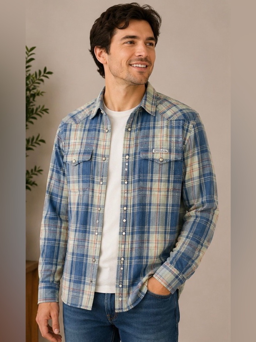 Lucky Brand Blue and Cream Plaid Button-Down Shirt